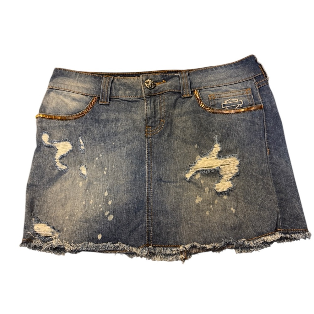 Harley-Davidson Denim Distressed Y2K Mini Skirt Embellished Cutoff Jeans Women 4